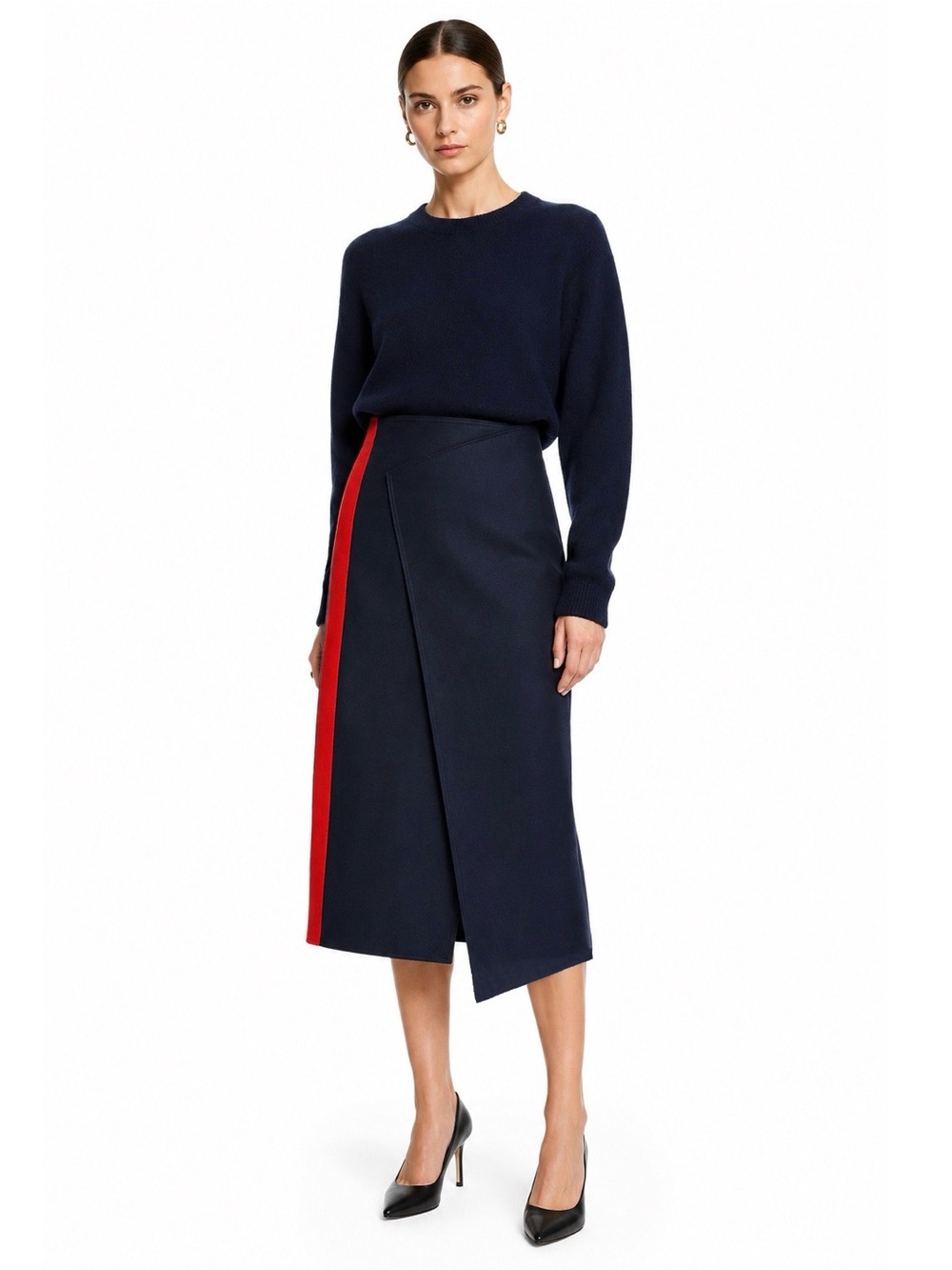 JOSEPH Wool Cashmere Wrap Midi Skirt Navy Red Stripe Asymmetric Designer Luxury